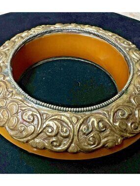 Vintage Tibetan Copal Resin Brass Repousse Bangle Bracelet Chunky Statement
